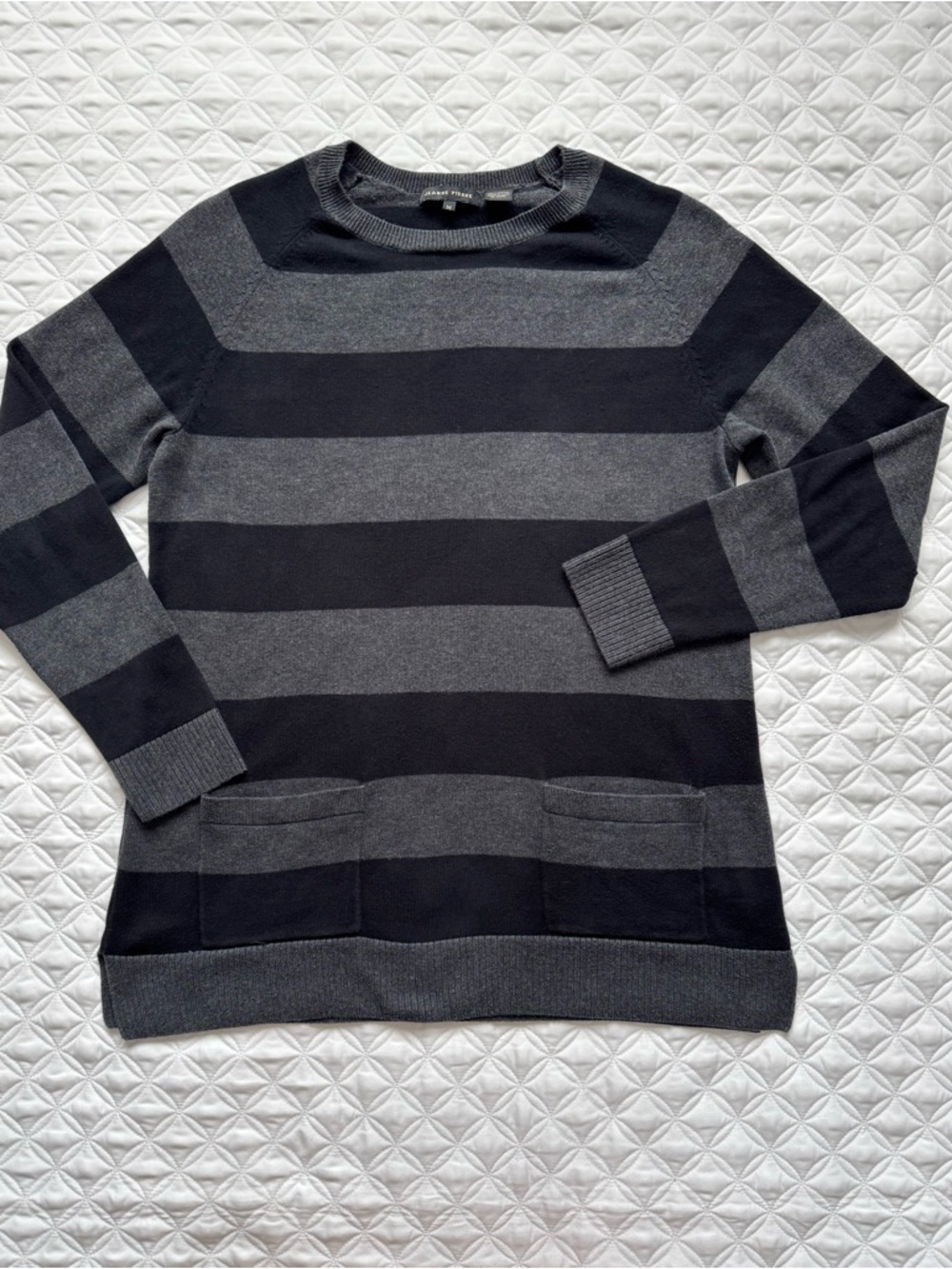 JEANNE PIERRE Black Gray Striped Crew Neck Long Line Sweater Size M